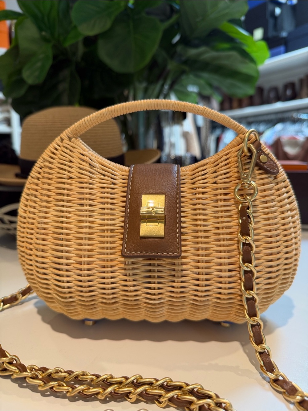 J. McLaughlin Wicker Crossbody in Tan with Gold Chain - Picture 2 of 11